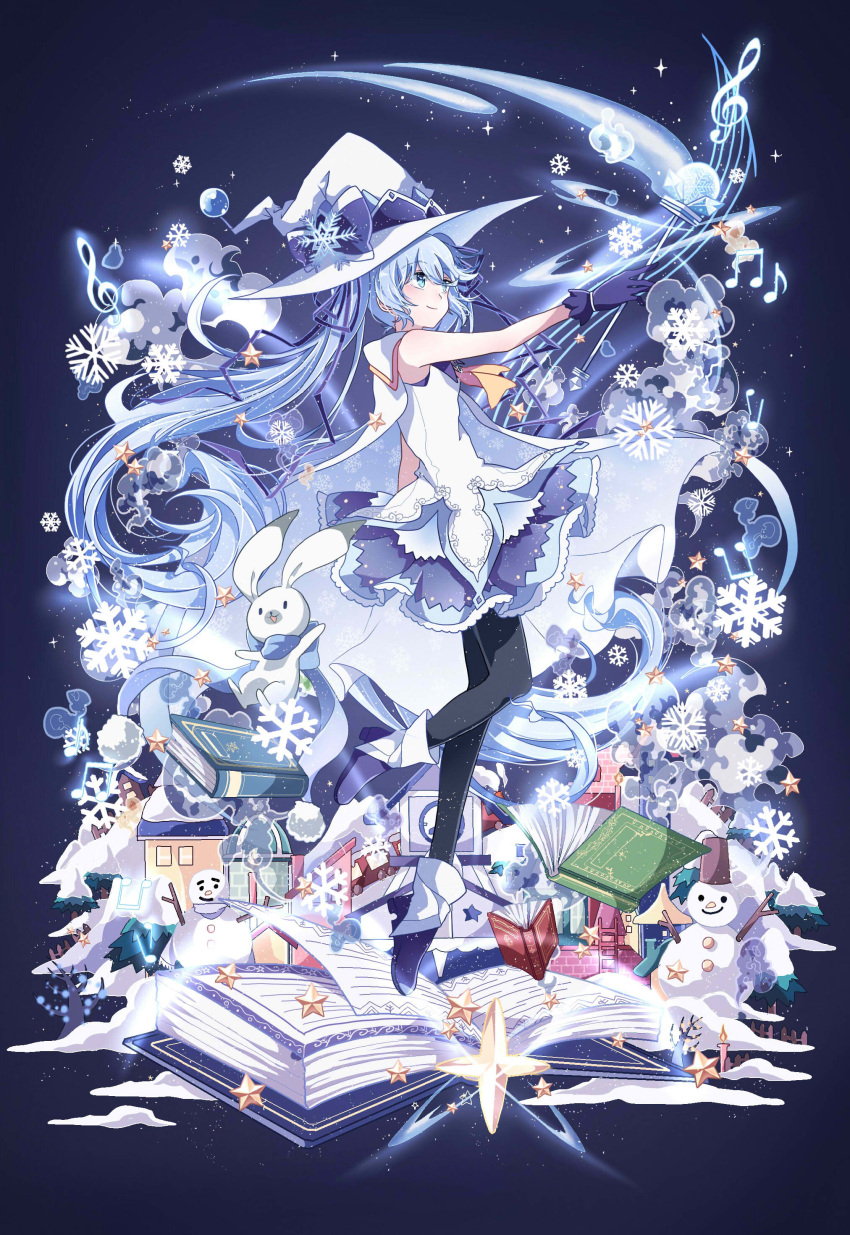 1girl, absurdres, azure-aoi-, black_legwear, blue_eyes, blue_footwear, blue_gloves, blue_hair