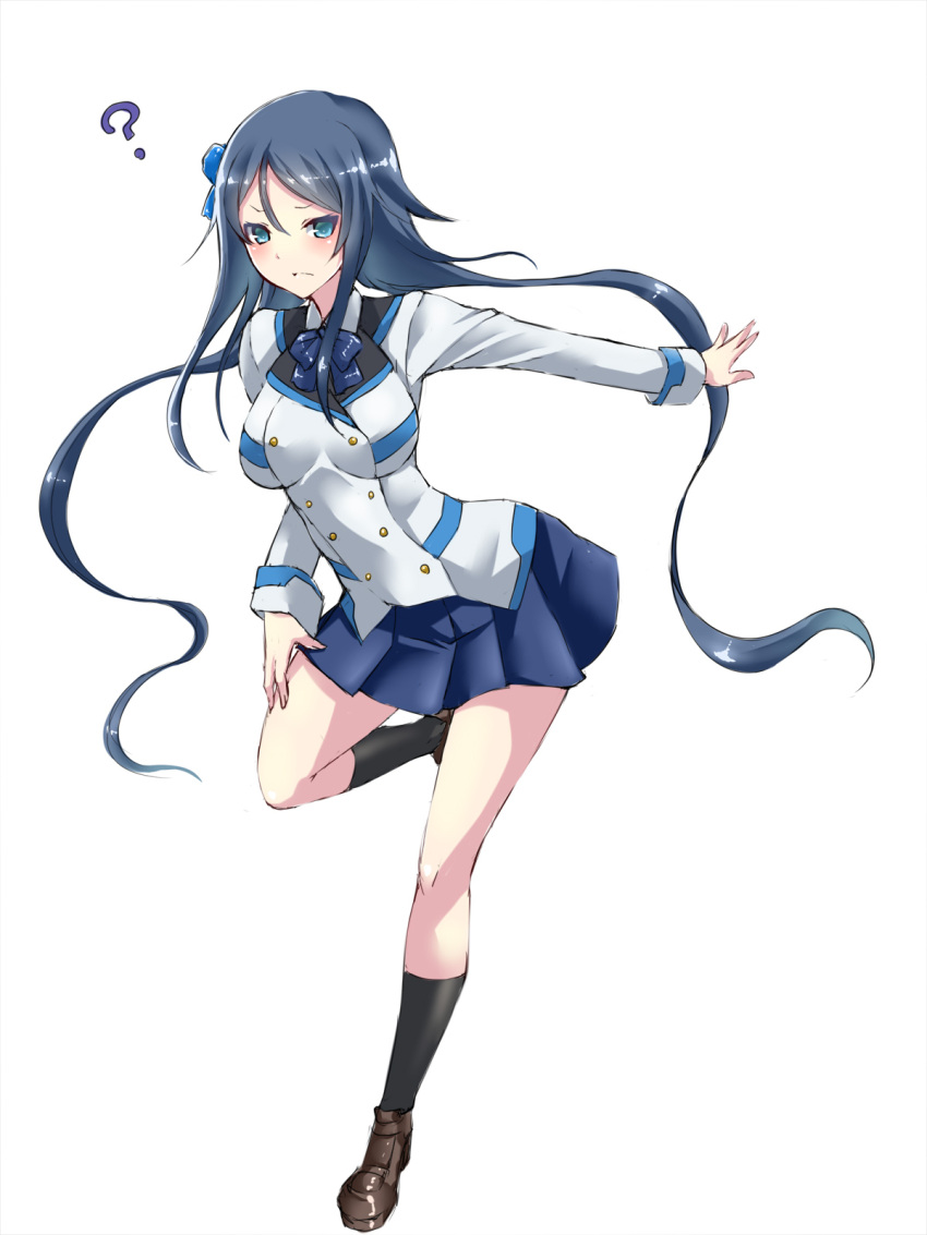 1girl, ?, black_hair, black_legwear, blue_bow, blue_eyes, blue_neckwear, blue_skirt, blush, bow, bowtie, brown_footwear, full_body, hair_between_eyes, hair_bow, highres, long_hair, looking_at_viewer, low_twintails, maron_(kagamikunn), miniskirt, mother_(pso2), one_leg_raised, outstretched_arm, phantasy_star, phantasy_star_online_2, pleated_skirt, shoes, simple_background, skirt, solo, standing, standing_on_one_leg, twintails, very_long_hair, white_background