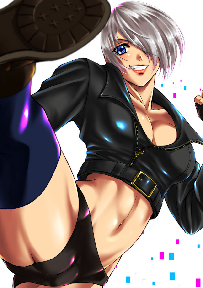 angel_(kof), belt, beniazumaru, black_panties, blue_eyes, breasts, cleavage, cropped_jacket, fingerless_gloves, gloves, hair_over_one_eye, highres, jacket, kicking, midriff, panties, silver_hair, smile, the_king_of_fighters, toned, underwear, white_hair