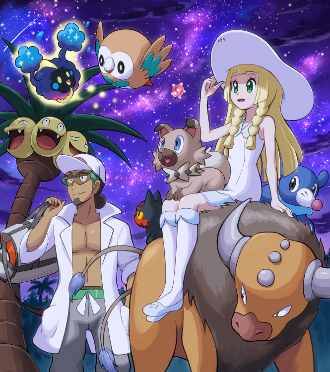1boy, 1girl, alola_form, alolan_exeggutor, bag, baseball_cap, blonde_hair, braid