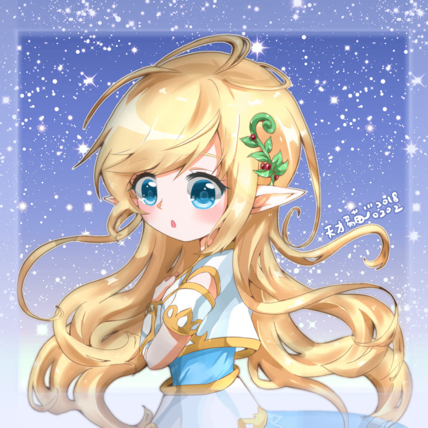 1girl, artist_request, blonde_hair, blue_eyes, elf, hair_ornament, highres, long_hair