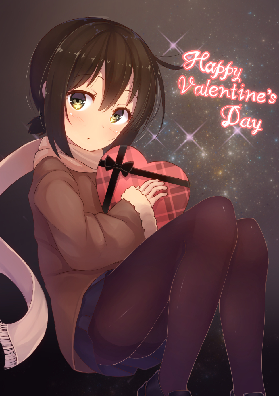 1girl, alternate_costume, black_legwear, black_skirt, box, brown_coat, brown_hair, coat