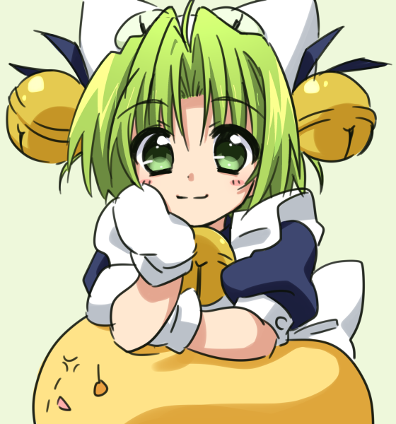1girl, animal_hat, apron, bell, blush_stickers, cat_hat, chin_rest, dejiko, di_gi_charat, gema, gloves, green_eyes, green_hair, hair_bell, hair_ornament, hat, jingle_bell, looking_at_viewer, maid_apron, paw_gloves, paws, puchiko, short_hair, smile, tatsuko_(tat88)