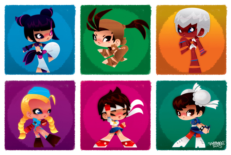 6+girls, antenna_hair, blonde_hair, blue_eyes, blue_leotard, braid, brown_eyes, brown_hair, cammy_white, chibi, chun-li, closed_eyes, elena_(street_fighter), garrison_cap, glowing, glowing_eye, han_juri, hat, ibuki_(street_fighter), kasugano_sakura, kwestone, leotard, long_hair, multicolored, multicolored_background, multiple_girls, panties, pantyshot, ponytail, purple_hair, red_panties, short_hair, street_fighter, thong_leotard, twin_braids, underwear, victory_pose, white_border, white_hair