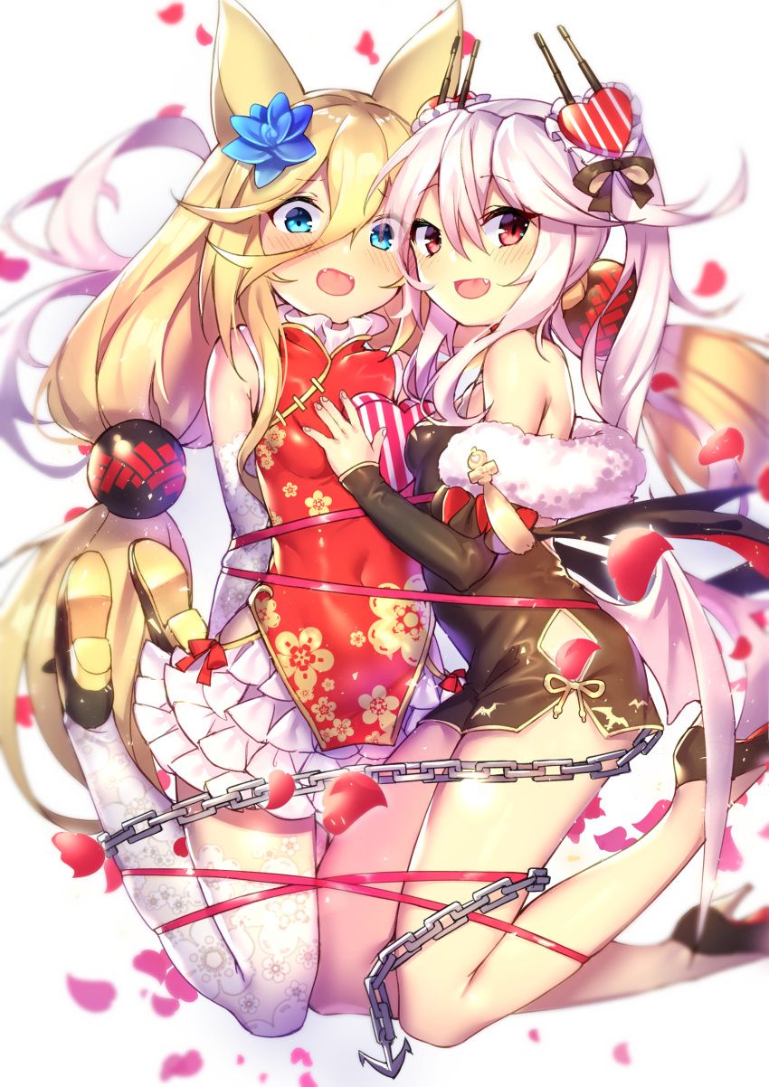 2girls, :d, animal_ears, azur_lane, bangs, bare_shoulders, black_dress, black_footwear