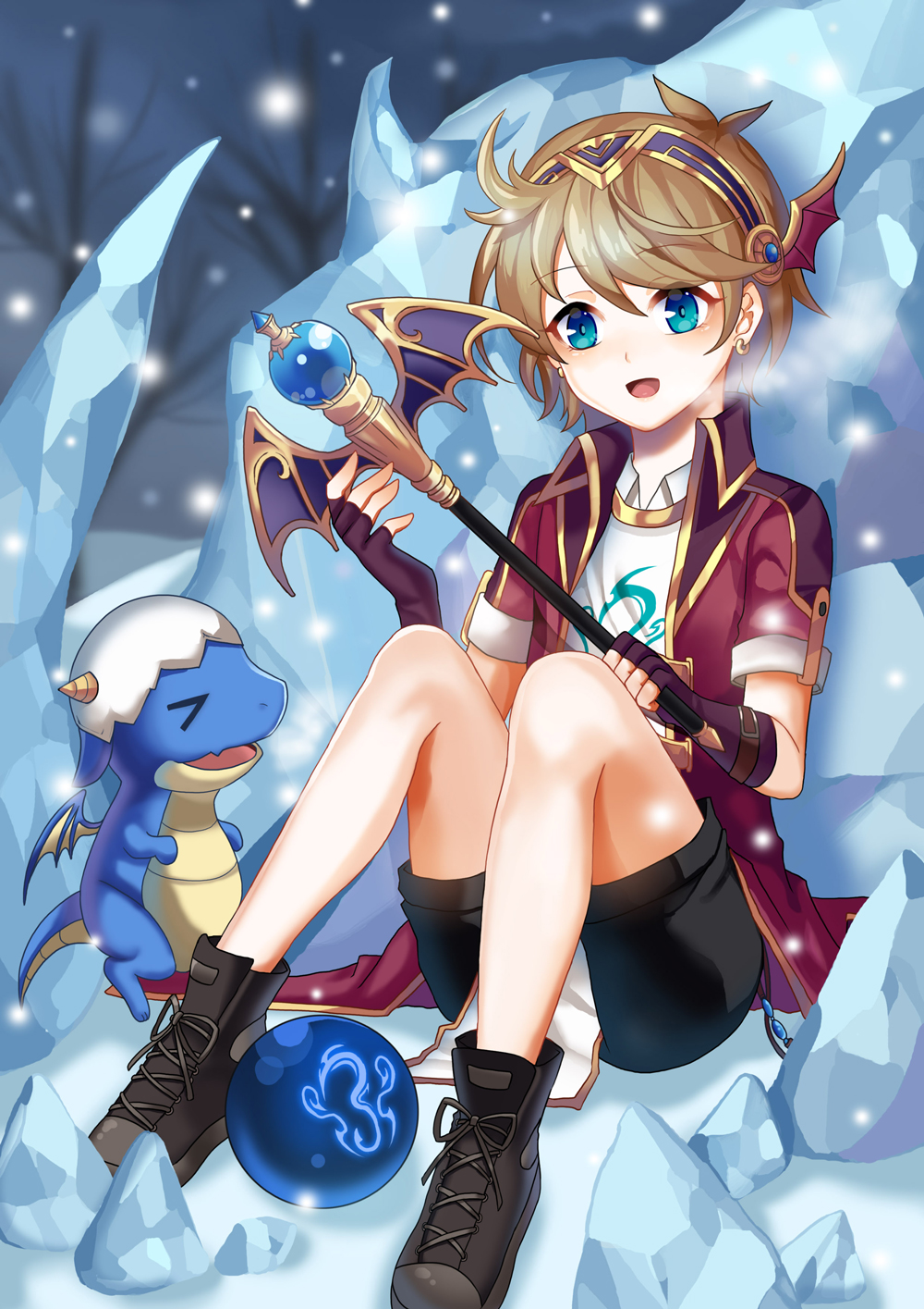 1boy, blue_eyes, dragon, earrings, evan_(maplestory), hairband, hamericano, highres, jewelry, maplestory, mir_(maplestory), short_hair, snow, snowing, tree