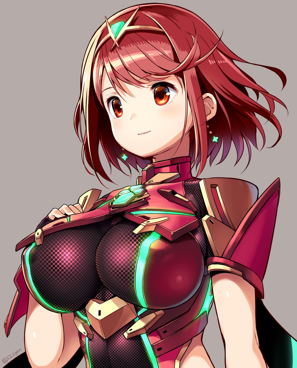 1girl, blush, breasts, earrings, hair_ornament, highres, pyra_(xenoblade), iinuma_toshinori