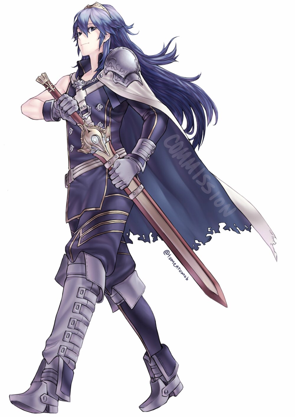 1girl, blue_eyes, blue_hair, cape, cosplay, falchion_(fire_emblem), fire_emblem, fire_emblem:_kakusei, highres, krom, krom_(cosplay), long_hair, looking_at_viewer, lucina, short_hair, smile, sword, tiara, weapon