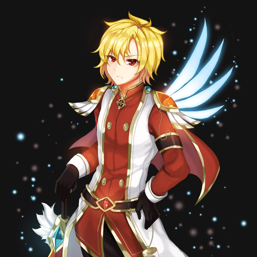 1boy, absurdres, alpha_(maplestory), black_pants, capelet, gloves, hamericano, highres, maplestory, pants, red_capelet, red_eyes, shirt, short_hair, solo, sword, weapon