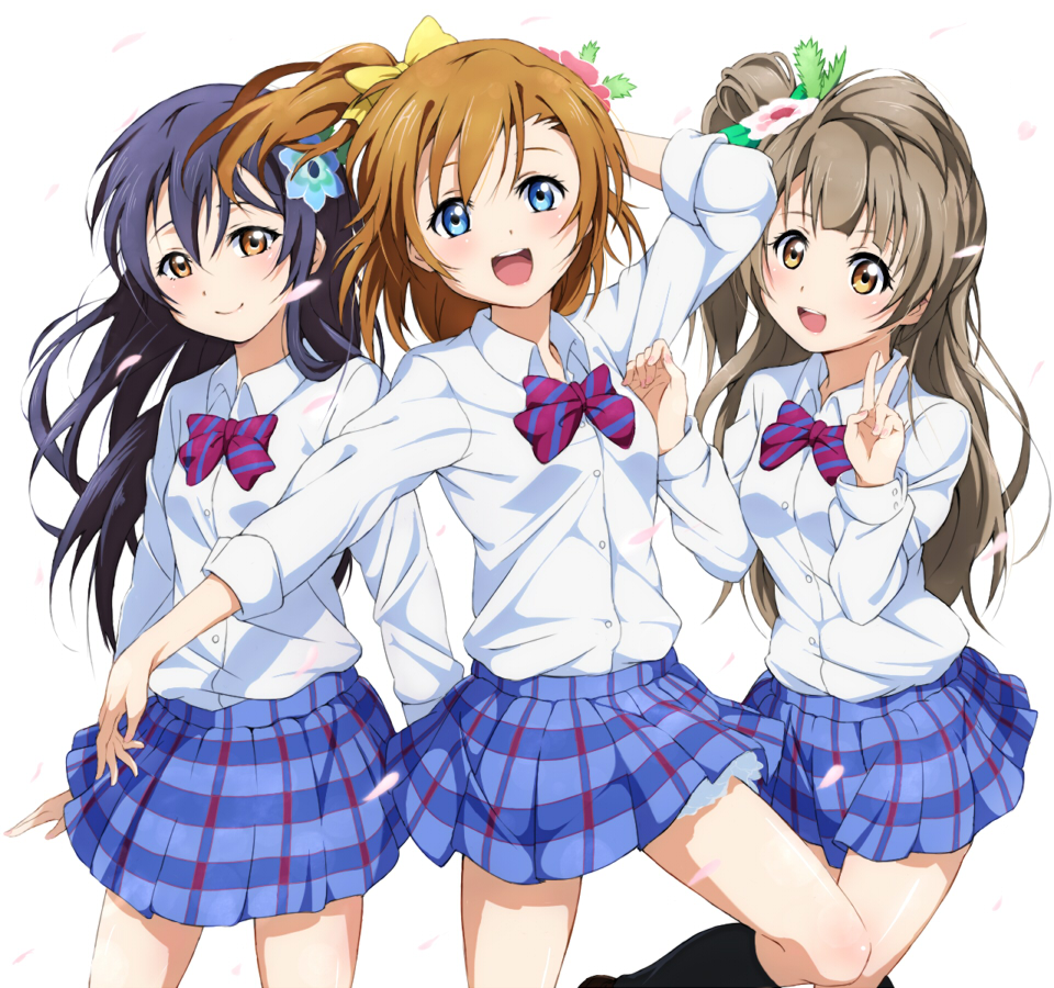 3girls, arm_up, bangs, blue_eyes, blue_hair, bow, bowtie, closed_mouth, commentary_request, dress_shirt, flower, grey_hair, hair_between_eyes, hair_flower, hair_ornament, imuta_(vaporization), kousaka_honoka, leg_up, long_hair, long_sleeves, looking_at_viewer, love_live!, love_live!_school_idol_project, minami_kotori, multiple_girls, one_side_up, open_mouth, orange_hair, otonokizaka_school_uniform, plaid, plaid_skirt, pleated_skirt, red_neckwear, school_uniform, shirt, simple_background, skirt, smile, sonoda_umi, striped_neckwear, v, white_shirt, yellow_eyes