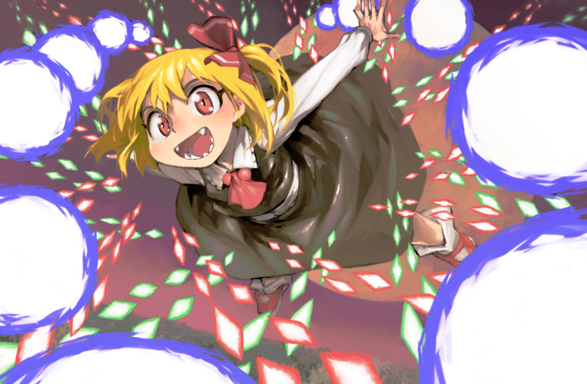 1girl, :d, ascot, bangs, black_skirt, black_vest, blonde_hair, collared_shirt