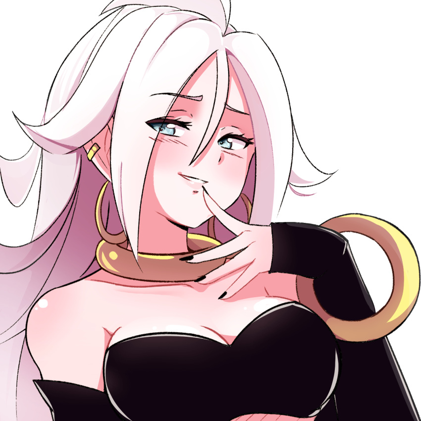 1girl, :d, ahoge, android_21, arm_warmers, bandeau, bangle, bare_shoulders