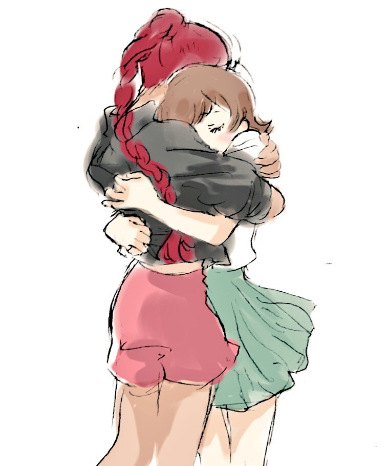 2girls, braid, brown_hair, closed_eyes, devilman, devilman_crybaby, hug, kuroda_miki