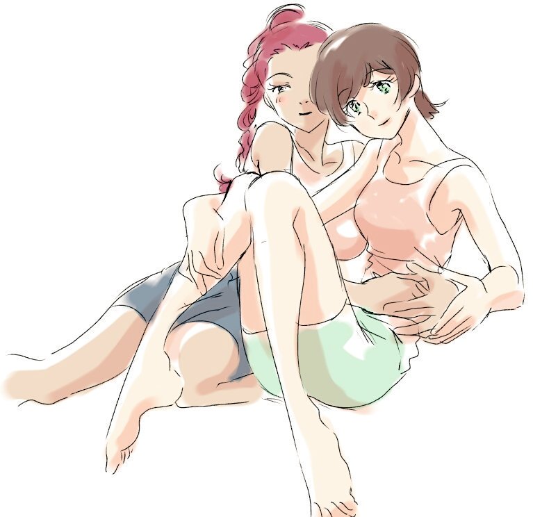 2girls, barefoot, braid, brown_hair, devilman, devilman_crybaby, hug, kuroda_miki