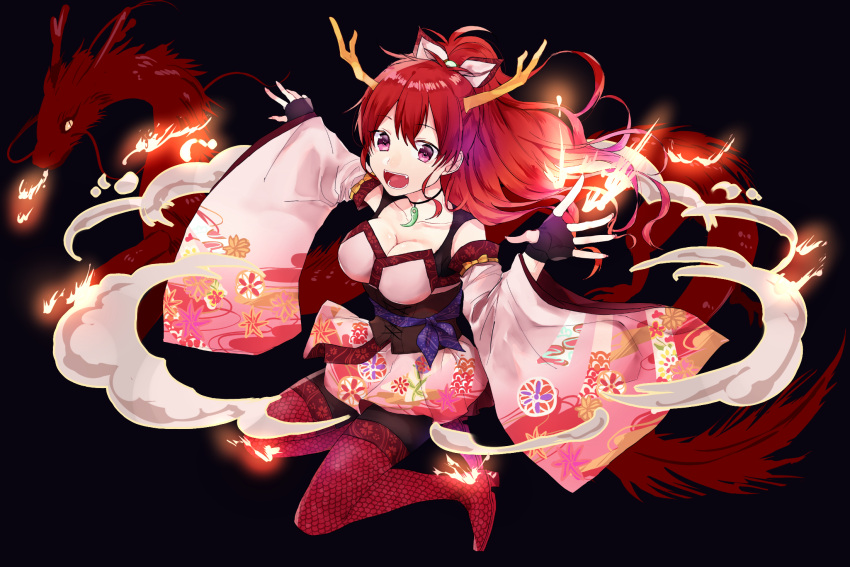 1girl, :d, black_background, black_legwear, boots, bow, breasts, cleavage, detached_sleeves, dragon, dragon_egg, fangs, fingerless_gloves, full_body, gloves, hair_bow, hand_up, highres, horns, japanese_clothes, jewelry, knee_boots, long_hair, looking_at_viewer, medium_breasts, necklace, open_mouth, paruo_hruoka, ponytail, red_legwear, redhead, smile, violet_eyes, wide_sleeves