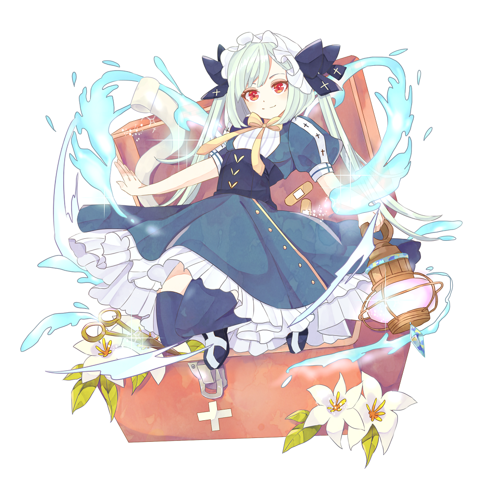 1girl, bandaid, blue_dress, blue_legwear, bow, dress, first_aid_kit, flower