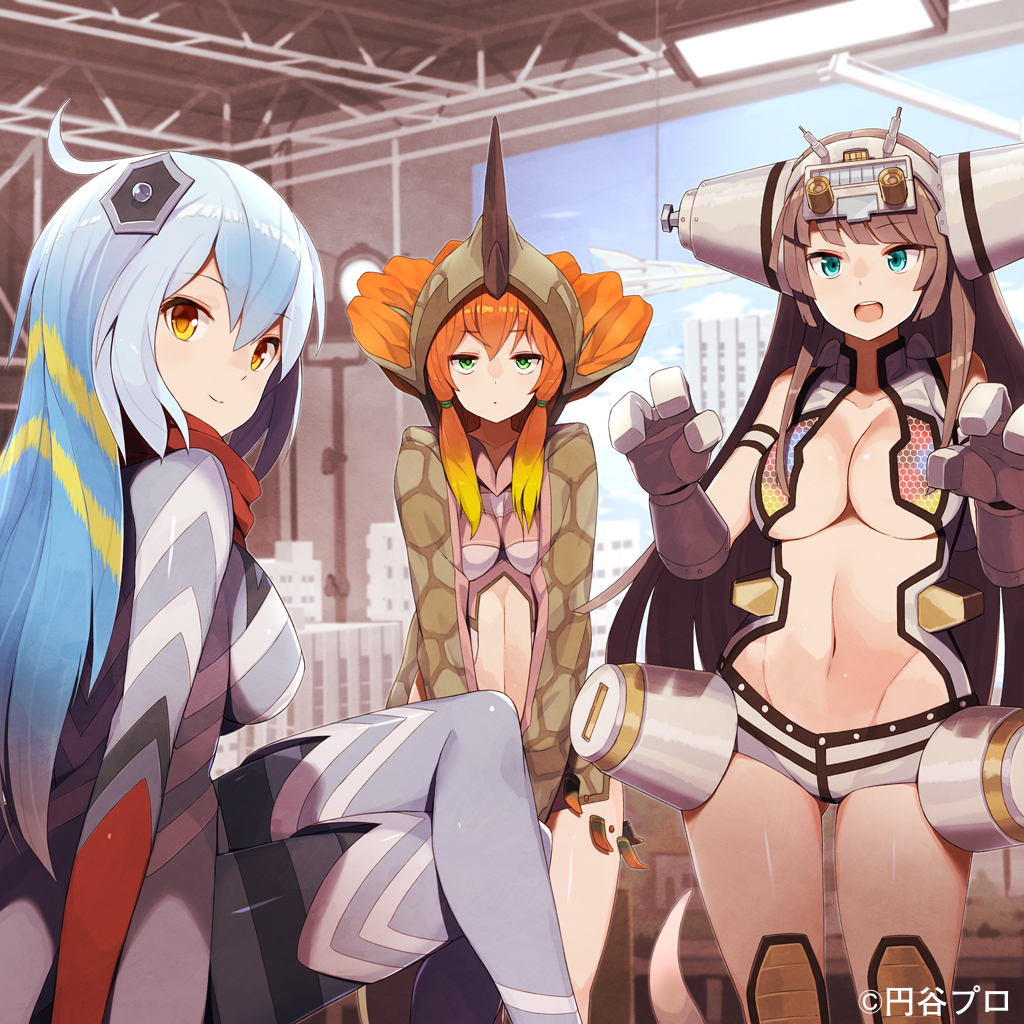 3girls, :d, aguila, blue_hair, bodysuit, breasts, brown_hair, cleavage