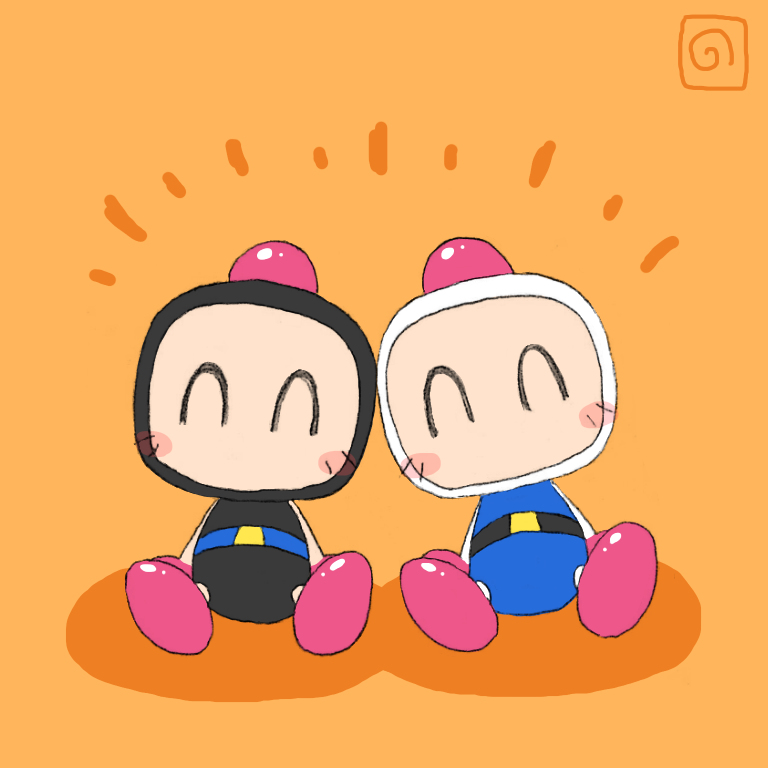 2boys, black_bomberman, blush_stickers, bomberman, closed_eyes, happy, ho_o_non, hudson_soft