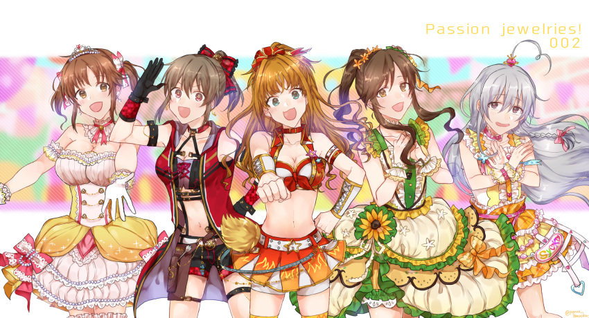 5girls, :d, ahoge, armband, bare_shoulders, belt, black_gloves, blue_eyes