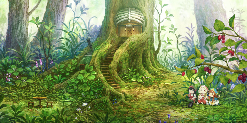 3girls, black_hair, blonde_hair, braid, brown_hair, bug, chair, day, dress, flower, food, forest, fruit, green, hakumei_(hakumei_to_mikochi), hakumei_to_mikochi, hat, highres, house, konju_(hakumei_to_mikochi), long_hair, looking_at_another, mikochi_(hakumei_to_mikochi), minigirl, multiple_girls, nature, official_art, open_mouth, outdoors, plant, raspberry, ribs, scenery, short_hair, stairs, standing, table, tree, treehouse