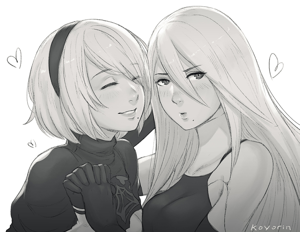 2girls, blush, breast_press, breasts, eyebrows_visible_through_hair, gloves, grin, hair_between_eyes