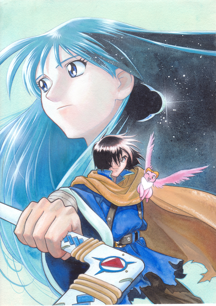 1boy, 1girl, belt, black_hair, black_pants, blue_eyes, blue_hair, blue_shirt, boomerang, bow, brown_eyes, closed_mouth, cowboy_shot, creature, expressionless, hair_over_one_eye, hayakawa_sonchou, highres, hiro_(lunar), long_hair, looking_at_viewer, looking_to_the_side, lucia_(lunar), lunar, lunar_2:_eternal_blue, orange_cape, pants, planet, ruby_(lunar), shirt, smile, wings, yellow_bow