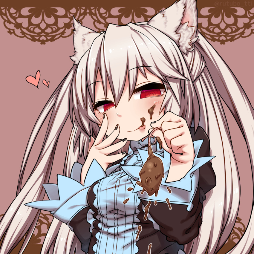 1girl, animal_ears, cat_ears, chocolate, eyebrows_visible_through_hair, hair_between_eyes, long_hair, mouse