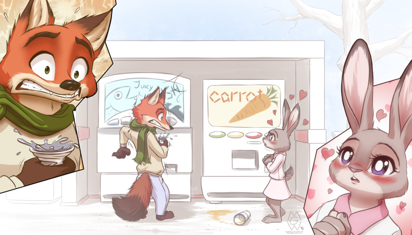 1boy, 1girl, barefoot, blush, carrot, cosplay, cup, doki, doki_(cosplay), dress, english, eye_contact, eyebrows, eyelashes, fangs, fish, fox, furry, green_eyes, heart, hetero, highres, judy_hopps, looking_at_another, mykegreywolf, nabi, nabi_(cosplay), nick_wilde, no_humans, pants, parted_lips, rabbit, scared, scarf, shoes, spill, spilling, standing, sweater, there_she_is!!, tree, vending_machine, violet_eyes, white_dress, zootopia