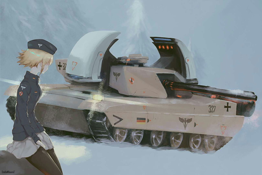 1girl, blonde_hair, command_and_conquer, german_flag, ground_vehicle, highres, military, military_vehicle