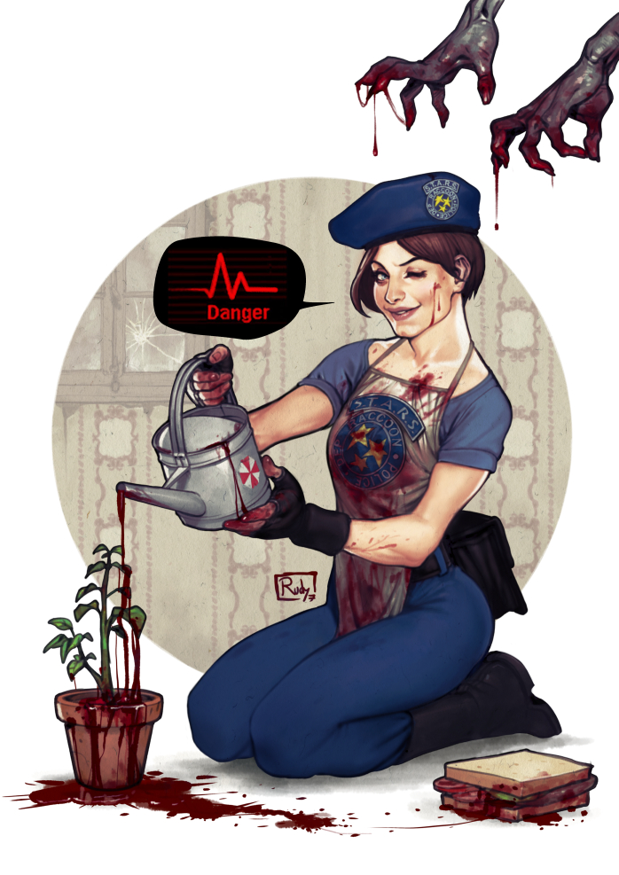 1girl, ;d, apron, beret, blood, blood_on_face, bloody_clothes, bloody_hands, boots, darkdux, fanny_pack, fingerless_gloves, gloves, hat, jill_valentine, lips, looking_at_viewer, one_eye_closed, open_mouth, out_of_frame, pants, plant, police, resident_evil, seiza, shirt, short_hair, sitting, smile, solo_focus, t-shirt, umbrella_corporation_(logo), watering_can, zombie
