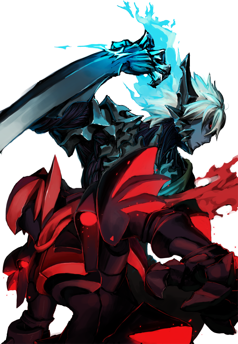 2boys, armor, ashley_winchester, black_sclera, energy, fafnir_no_kishi_(sekaiju), full_armor, grey_skin, helmet, knight_blazer, male_focus, mask, matsuki_akira, multiple_boys, profile, red_eyes, red_scarf, scarf, sekaiju_no_meikyuu, shin_sekaiju_no_meikyuu_2, simple_background, white_background, white_hair, wild_arms, wild_arms_2