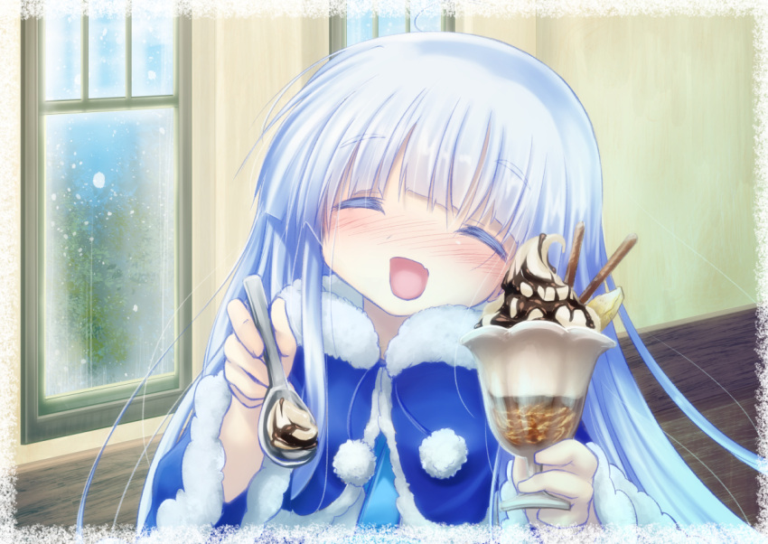 1girl, blue_shawl, blush, closed_eyes, colored_eyelashes, facing_viewer, flower_knight_girl, hatsuyukisou_(flower_knight_girl)