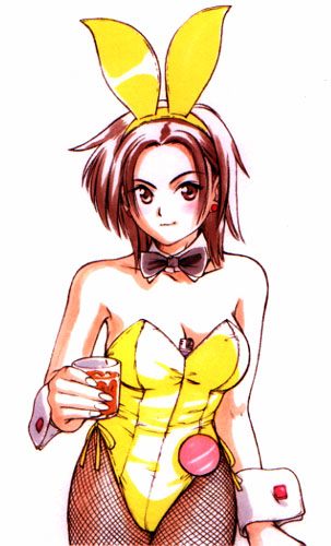 between_breasts, breasts, brown_eyes, brown_hair, bunny_ears, bunnysuit, fishnet_pantyhose, fishnets
