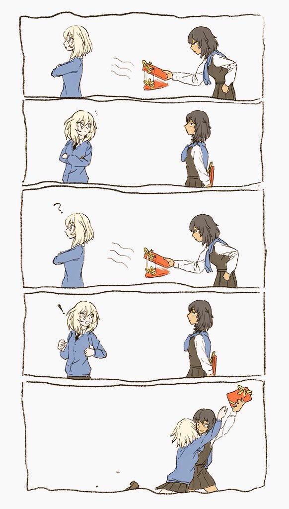 !, 2girls, 5koma, ?, andou_(girls_und_panzer), arm_up, arms_behind_back, bangs, bc_freedom_school_uniform, black_hair, black_neckwear, black_skirt, black_vest, blonde_hair, blue_sweater, cardigan, closed_mouth, comic, commentary, crossed_arms, dark_skin, gift, girls_und_panzer, hiding, holding, holding_gift, keep-away, long_sleeves, looking_at_another, looking_back, medium_hair, multiple_girls, necktie, notice_lines, open_mouth, osatou, oshida_(girls_und_panzer), pleated_skirt, reaching, shirt, skirt, standing, sweater, sweater_around_neck, valentine, vest, white_shirt, yuri