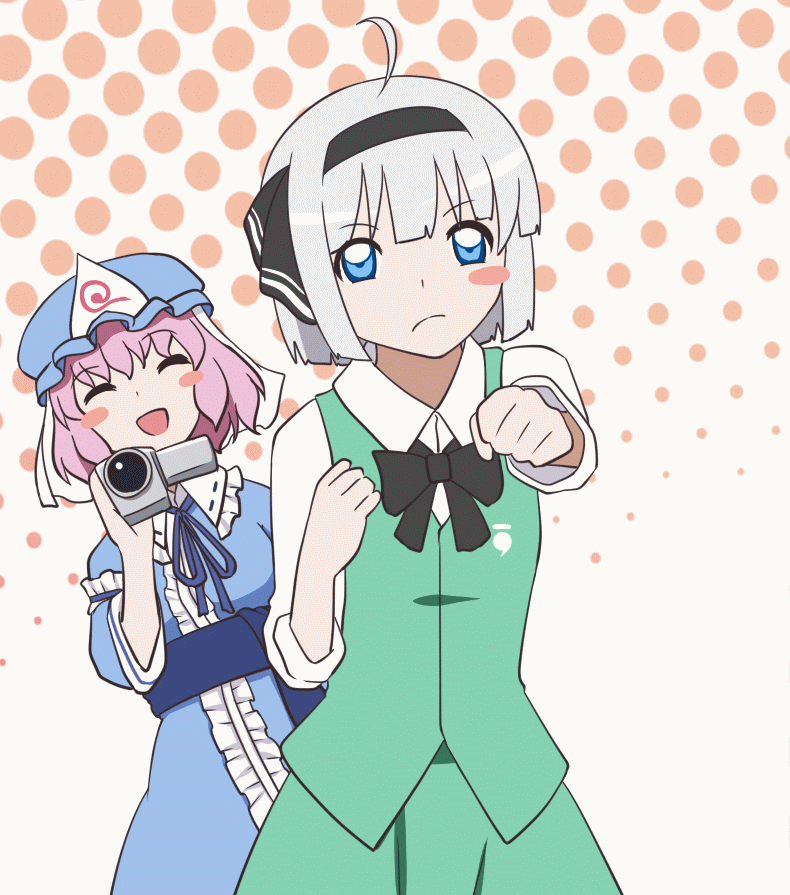2girls, :/, :d, animated, animated_gif, ascot, bangs, black_bow