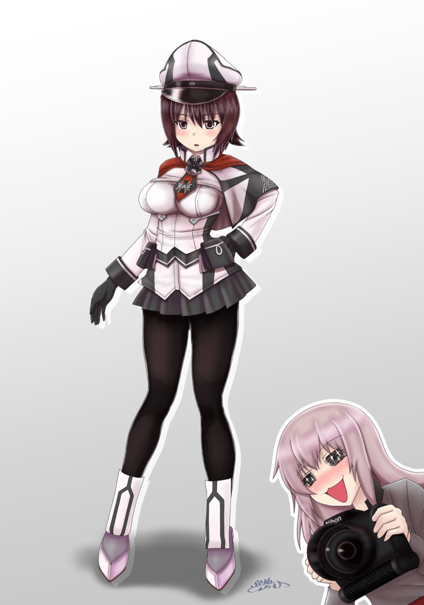 2girls, :3, =_=, artist_name, black_legwear, black_skirt, blush, brown_eyes, brown_hair, camera, capelet, commentary_request, cosplay, emblem, eyebrows_visible_through_hair, female_pervert, girls_und_panzer, gradient, gradient_background, graf_zeppelin_(kantai_collection), graf_zeppelin_(kantai_collection)_(cosplay), greaves, grey_background, hand_on_hip, hat, highres, holding, itsumi_erika, kantai_collection, kuromorimine_(emblem), long_hair, looking_at_viewer, miniskirt, multiple_girls, nishizumi_maho, open_mouth, osacanaheart3, pantyhose, parted_lips, peaked_cap, pervert, pleated_skirt, short_hair, signature, simple_background, skirt, smile, standing