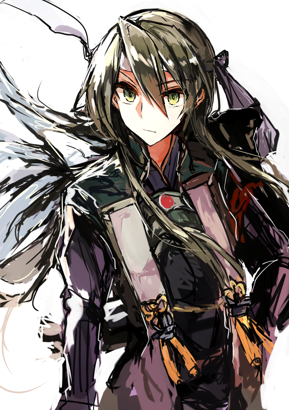1girl, anchor, arrow, closed_mouth, commentary_request, frown, green_eyes, green_hair
