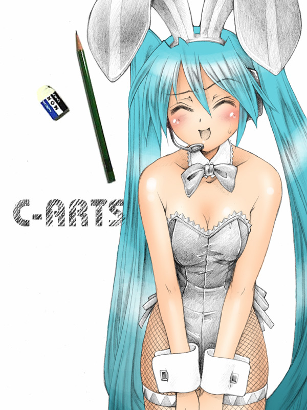 animal_ears, aqua_hair, bare_shoulders, breasts, bunny_ears, bunnysuit, cleavage, closed_eyes