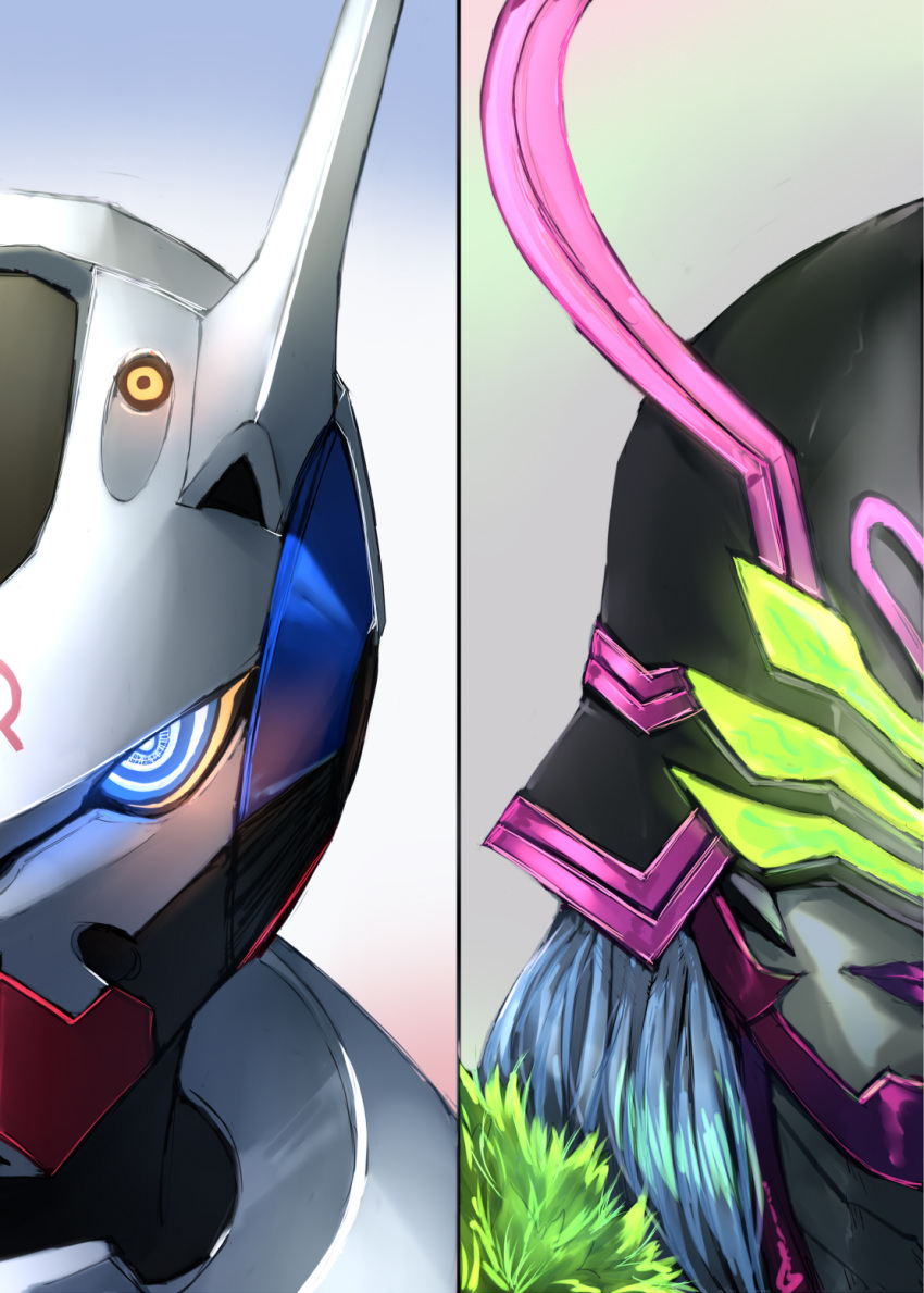 2girls, blue_hair, comic, glowing, glowing_eyes, greyscale, helmet, hero-san_to_moto_onna_kanbu-san
