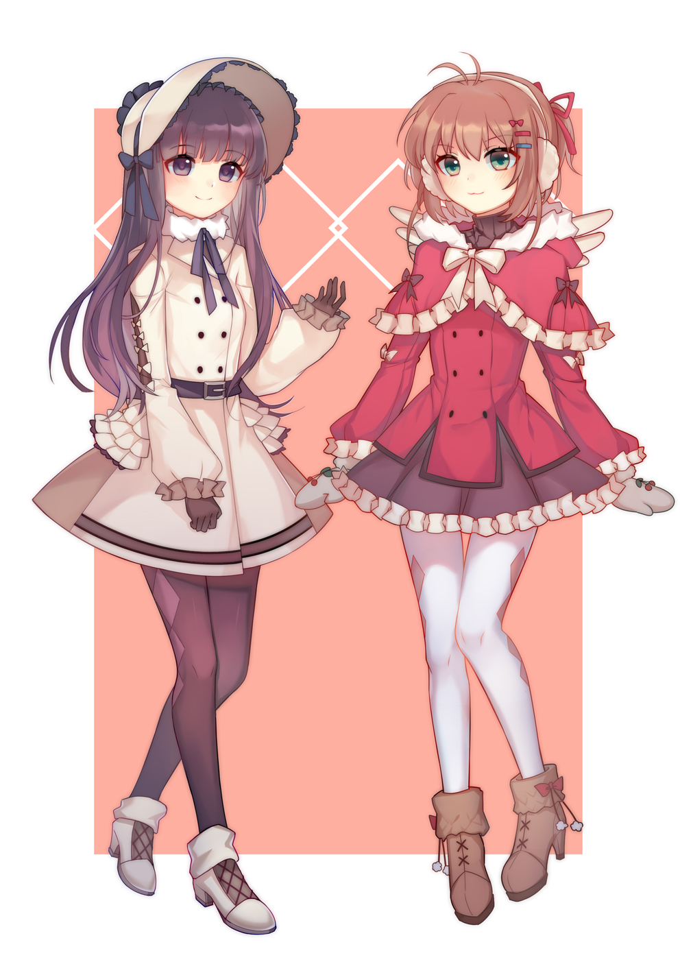 2girls, antenna_hair, belt, black_eyes, black_gloves, black_hair, black_legwear, black_ribbon