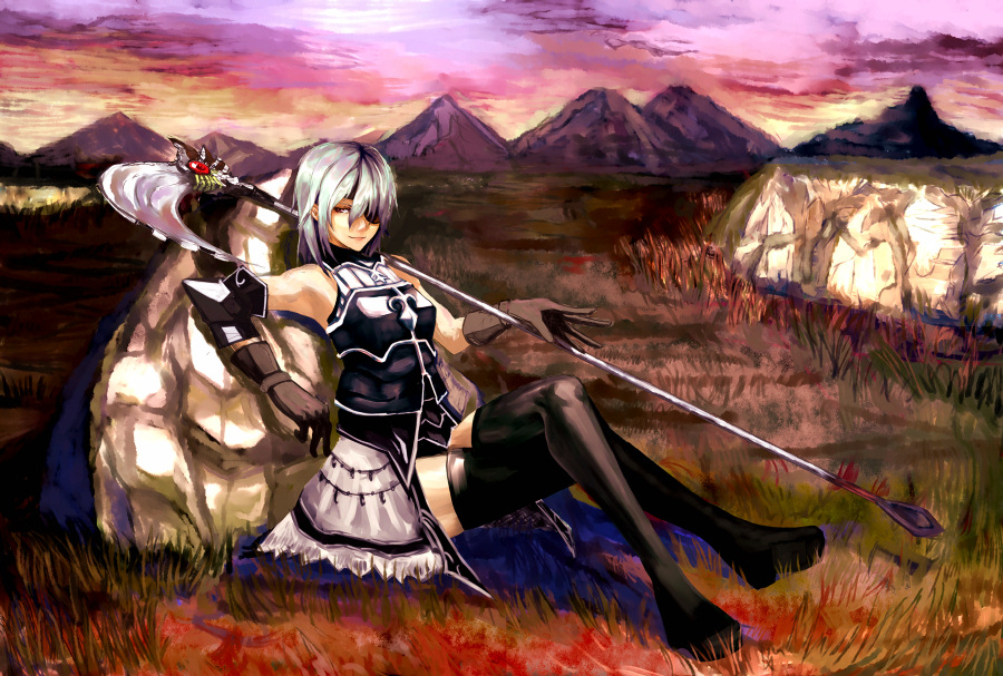 bad_id, crossed_legs, eyepatch, fantasy_earth_zero, legs_crossed, lororo, scythe, silver_hair
