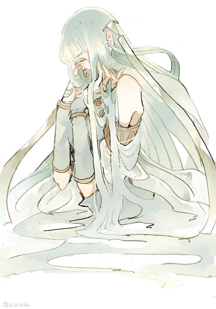 1girl, bare_shoulders, blue_hair, chiva_(wonderworldwood), cloak, fire_emblem, fire_emblem:_rekka_no_ken, hair_ornament, long_hair, looking_at_viewer, ninian, red_eyes, sash, solo, turtleneck_dress