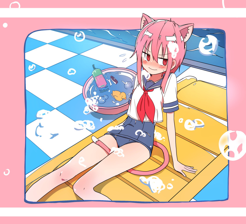1girl, animal_ears, arm_support, between_legs, blush, cat_ears, cat_tail, eyebrows_visible_through_hair
