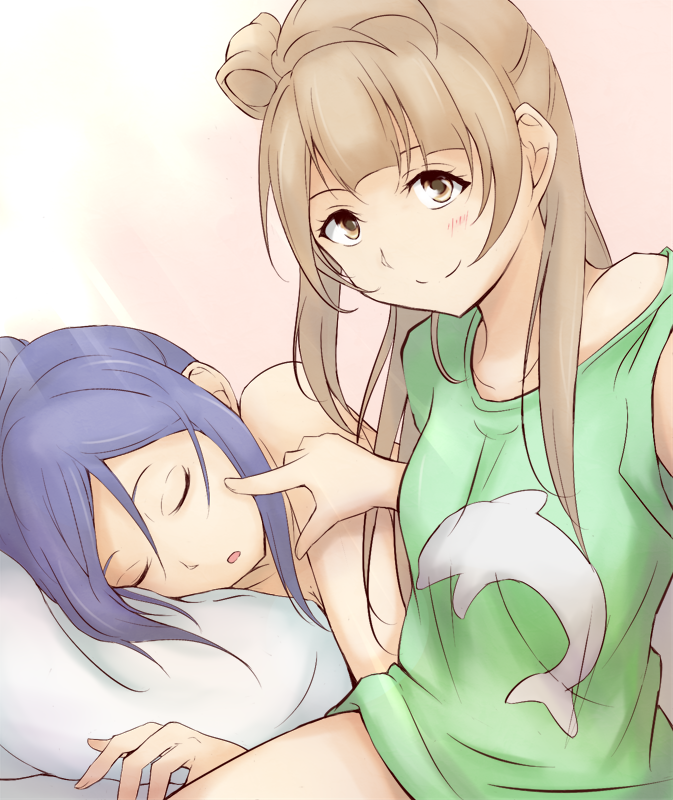 2girls, bangs, bare_shoulders, bent_elbow, breast_grab, brown_eyes, brown_hair, closed_eyes
