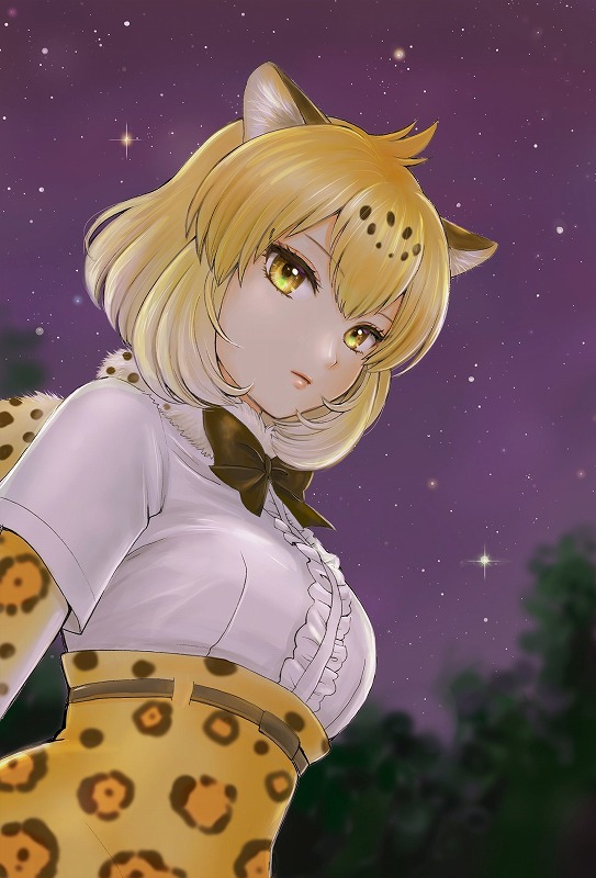 animal_ears, belt, blonde_hair, blouse, bob_cut, bow, bowtie, jaguar_(kemono_friends)