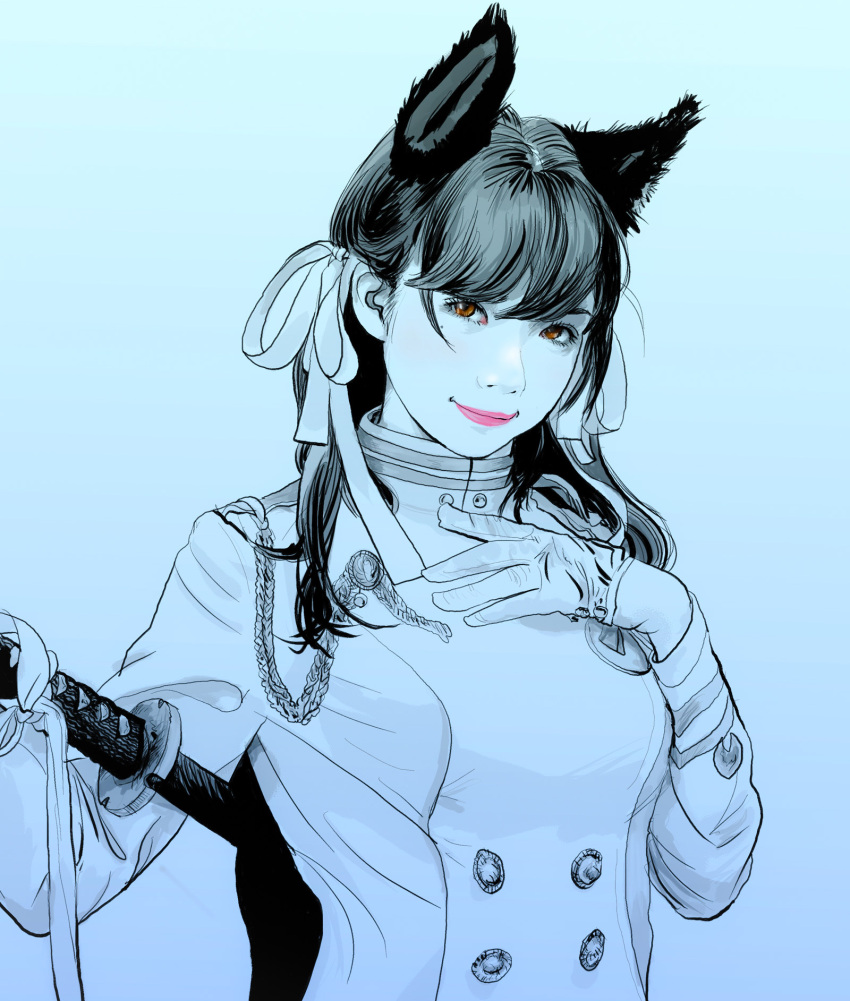 animal_ears, atago_(azur_lane), azur_lane, bangs, black_hair, brown_eyes, buttons, cosplay, gloves, hair_ribbon, head_tilt, highres, holding, holding_weapon, katana, lipstick, long_hair, looking_at_viewer, makeup, military, military_uniform, monochrome, partially_colored, portrait, ribbon, sword, terarin, uniform, upper_body, weapon, white_gloves