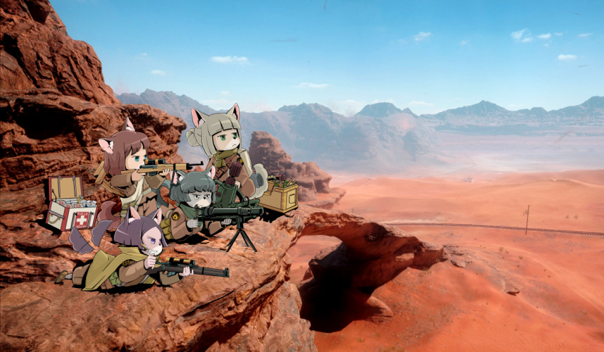 4girls, animal_ears, battlefield_1, black_hair, brown_hair, cape, commentary, crutch