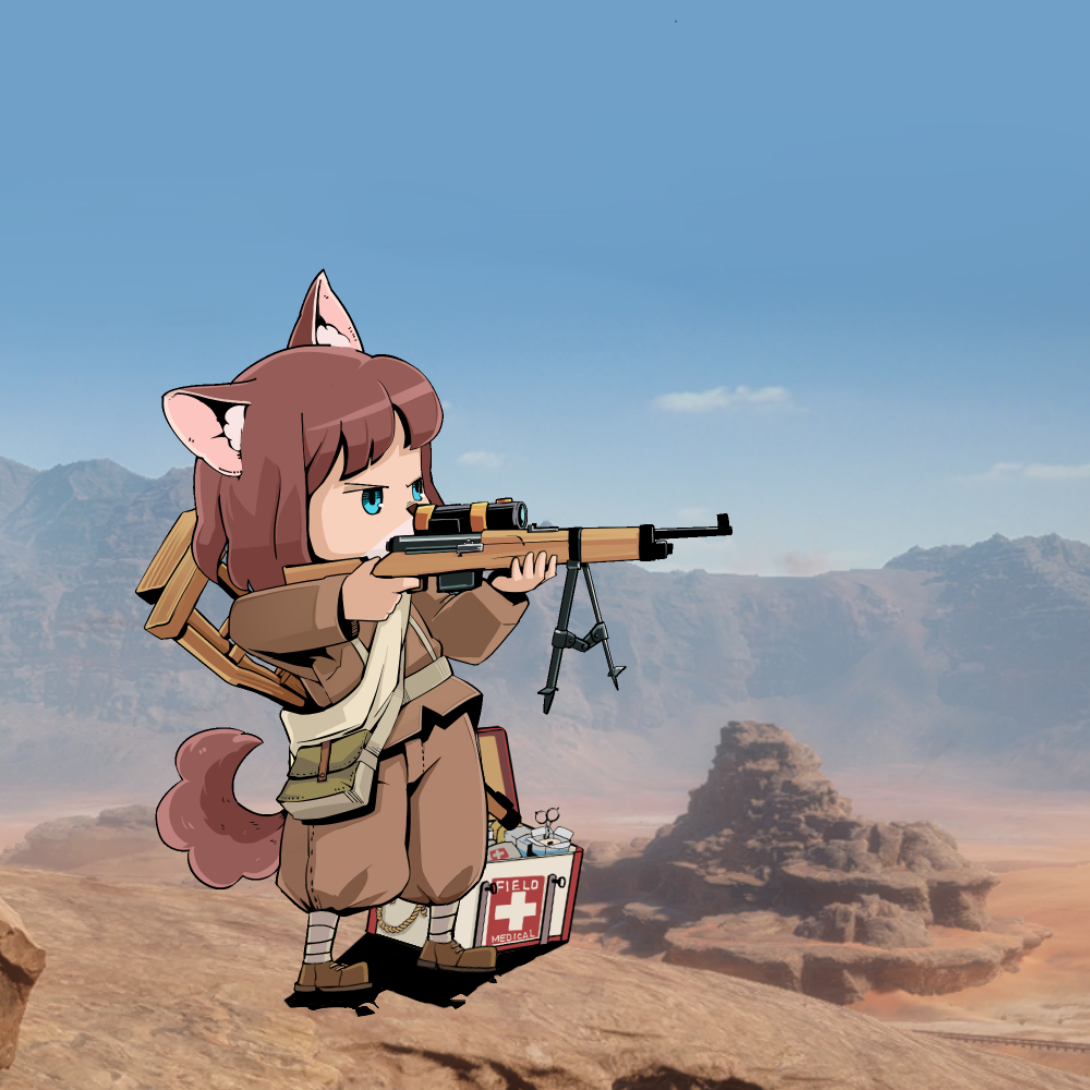 1girl, aiming, animal_ears, battlefield_1, blue_eyes, brown_hair, crutch, desert