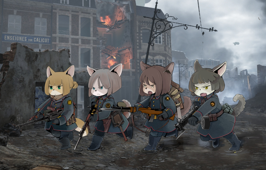 4girls, animal_ears, bayonet, black_hair, blonde_hair, blue_eyes, brown_hair, charging_(attack)