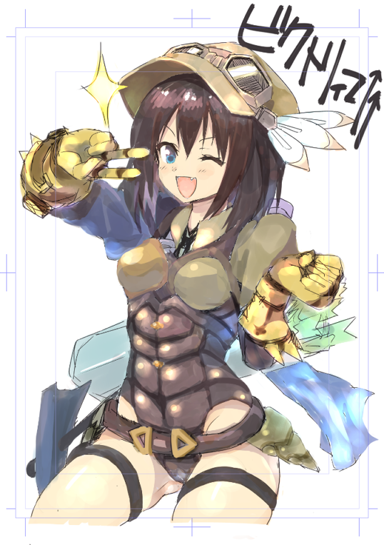 1girl, ;d, bangs, belt, blue_eyes, blush, brown_hair, brown_hat
